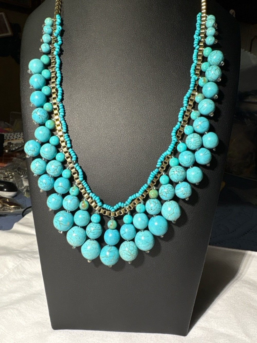 Vintage Trifari Faux Turquoise Statement Necklace Gold Tone Bib Chunky Fringe